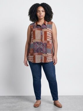NEW Rose + Olive Sleeveless Bohemian Patchwork Button-Up Blouse (Size: 2X)